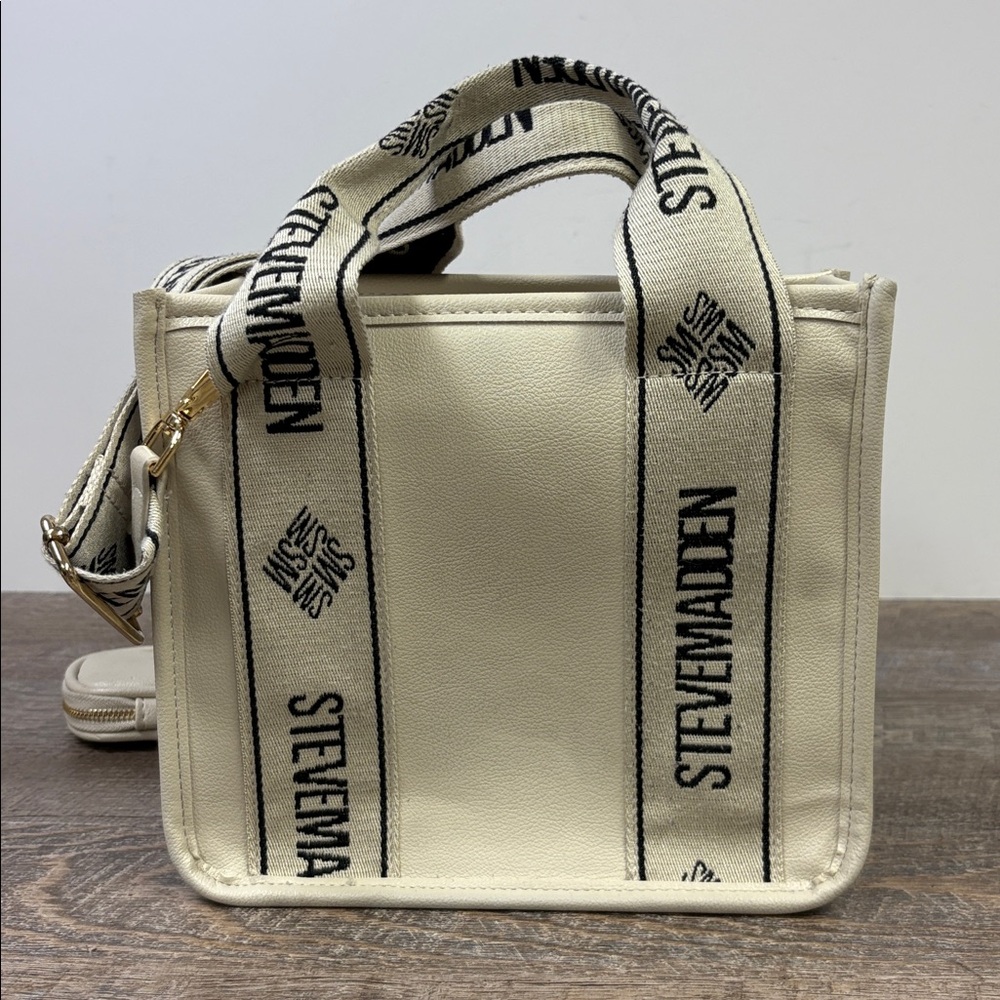 Steve Madden Crossbody Tote with Logo Strap & Coin Pouch – Cream - Picture 3 of 8